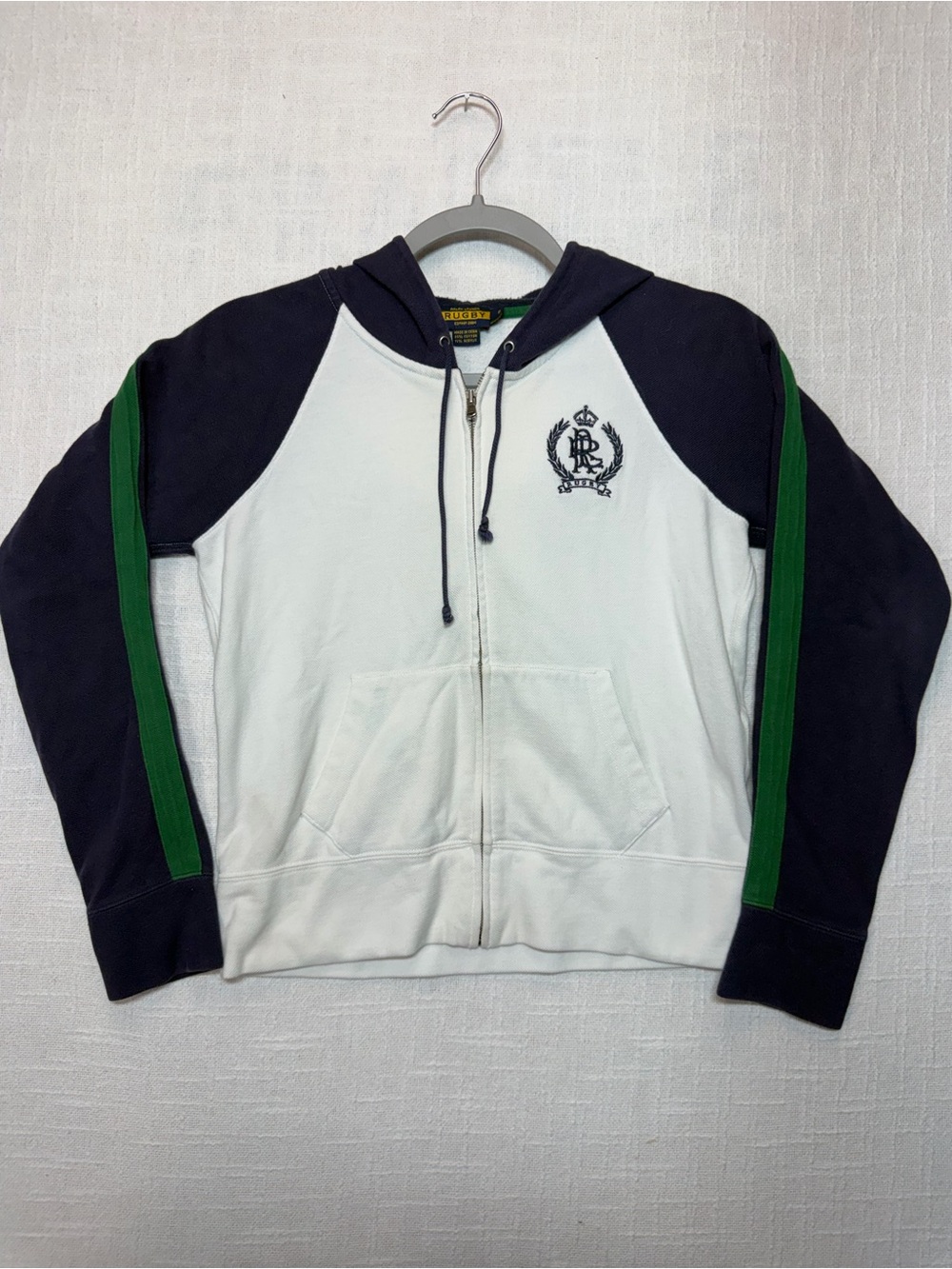 Ralph lauren rugby White and Navy Zip-Up Hoodie Sweater with Green Stripe